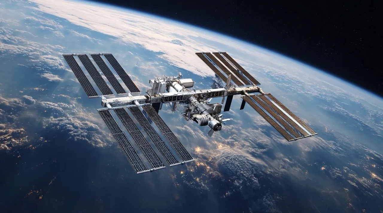 A large orbital station with long solar-panel arrays above the curve of the Earth, clouds and city lights below.